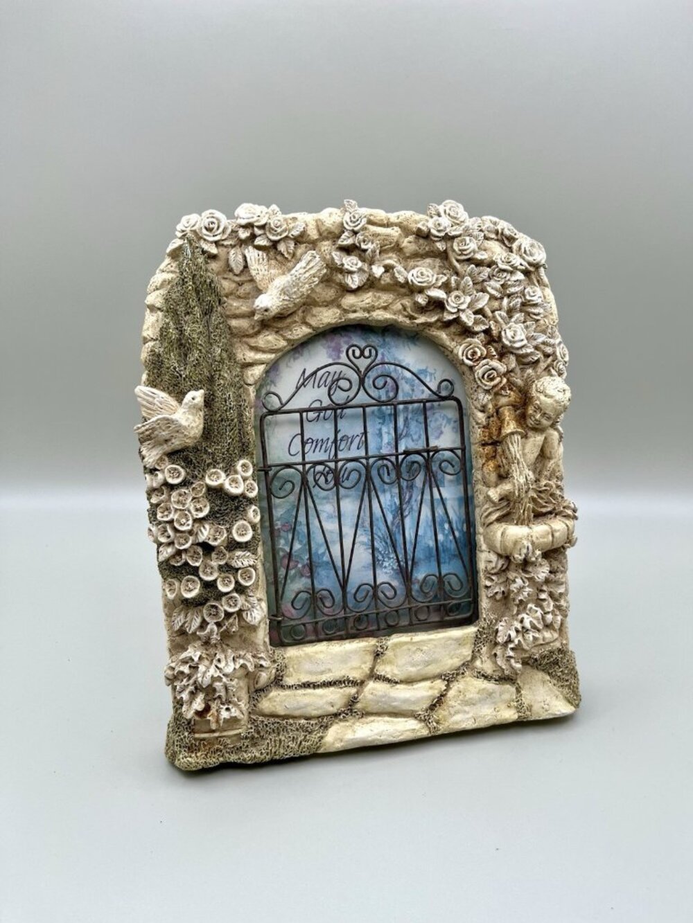 Y2K 3D Resin Victorian Gated Garden Hand Painted Easel Frame Cherub 4x6 Memorial